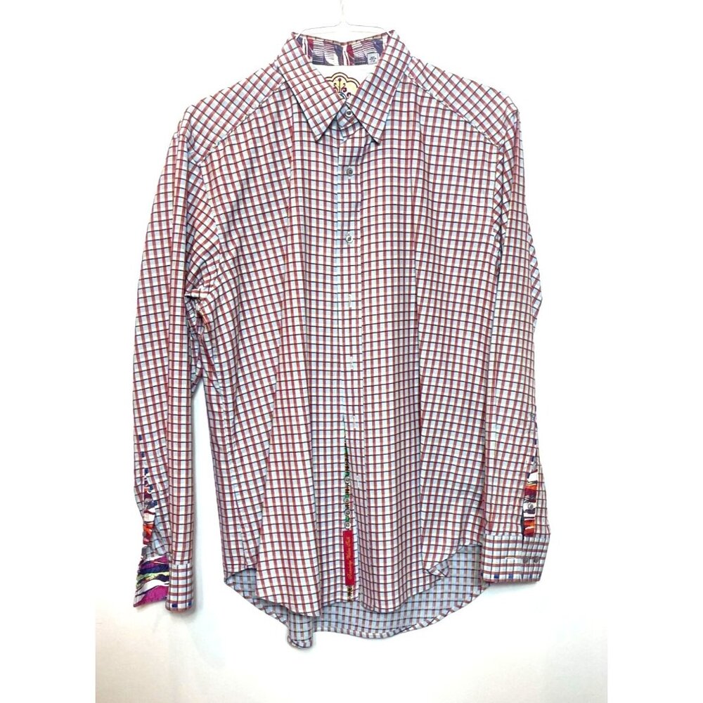 Robert Graham Maroon Blue Navy Checked Button Down Contrast Cuffs Size Large